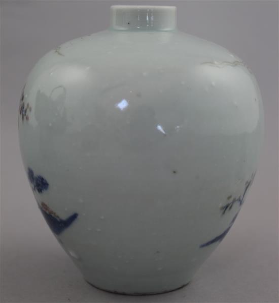 A Chinese underglaze blue and copper red small ovoid vase, Kangxi six character mark, early 20th century, 12cm